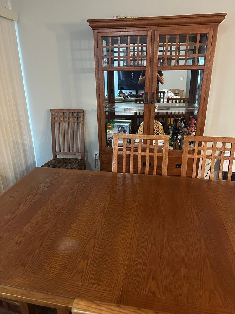 Wood Dining Table Set with 4 Chairs, Cabinet, Brown, Rectangular Dining Room