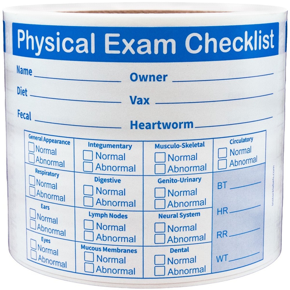 Pet Physical Exam Checklist Veterinarian Labels | 3″ x 4″ Rectangle - 100 Pack