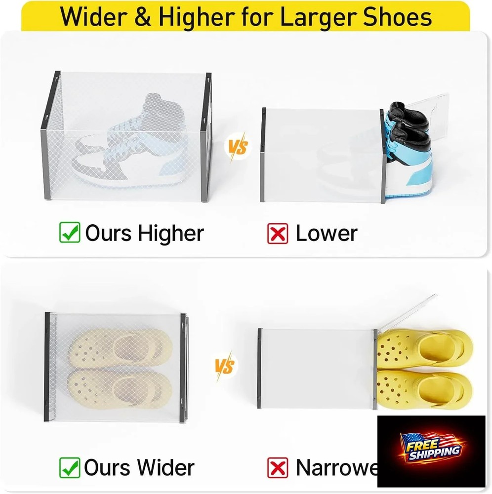 Kuject Activated Charcoal Shoe Organizer, 12 Pack XL Clear Plastic Stackable Sho