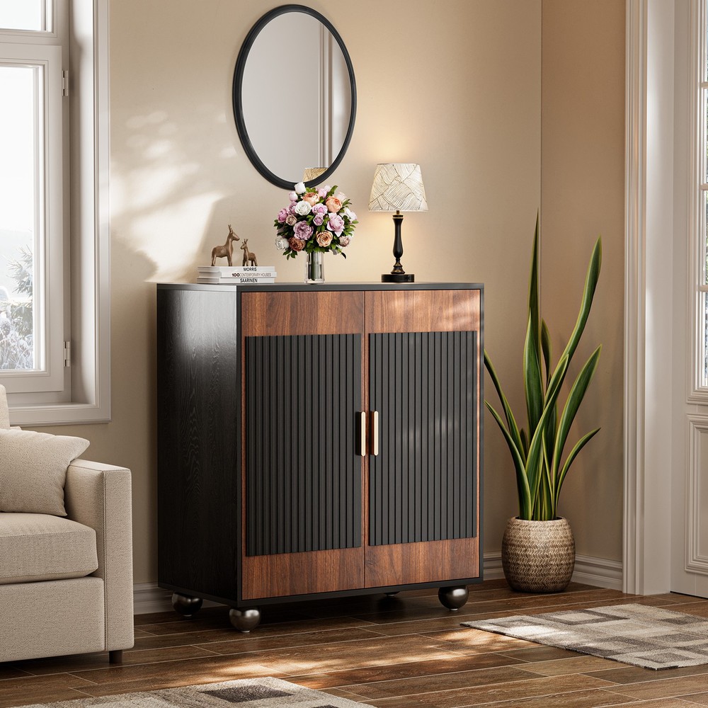 Fluted Sideboard Cabinet with Storage Solid Wood Buffet for Living Dining Room