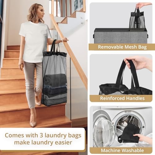 180L Laundry Hamper 3 Section, Large Laundry Hamper with Lid, Dirty Grey