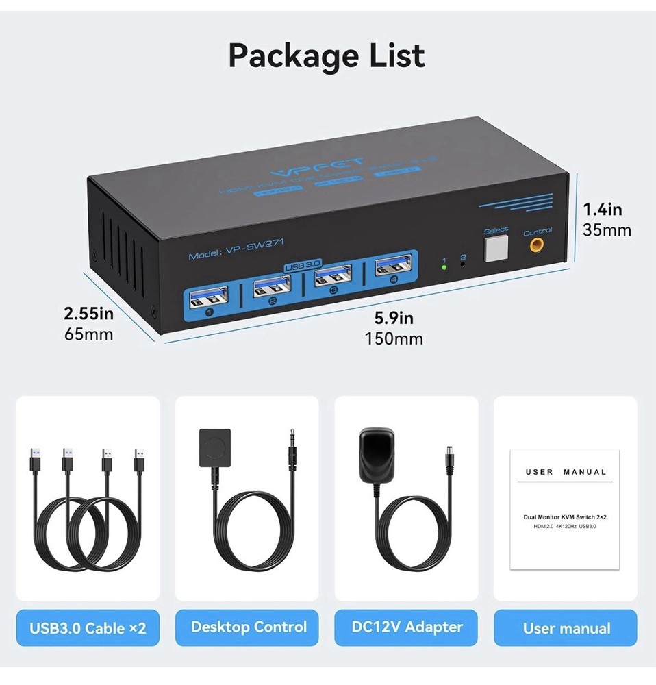 4K120Hz HDMI KVM Switch 2 Monitors 2 Computers 8K USB 3.0