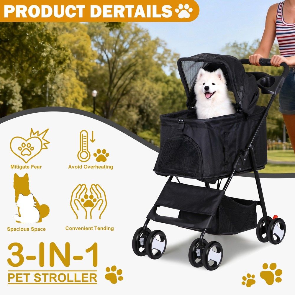 Dog Stroller Cat Stroller 3-in-1 Multifunctional with 4 Wheels Black Foldable