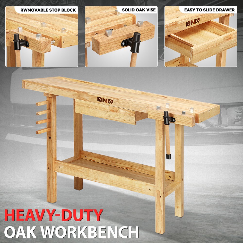 50 "x 20" Heavy Duty Oak Workbench Work Table w/ Drawer & Adjustable Handle