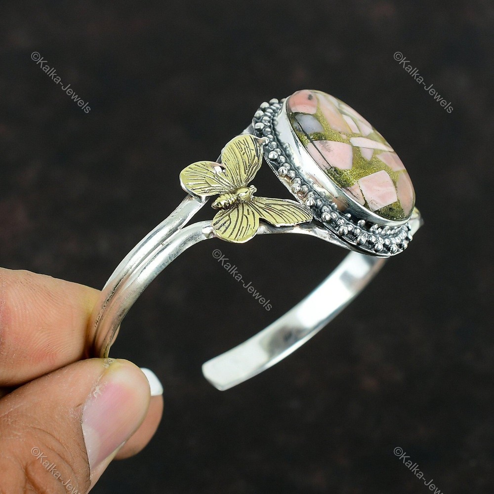 Natural Copper Pink Opal Gemstone Bangle Butterfly Adjustable 925 Silver