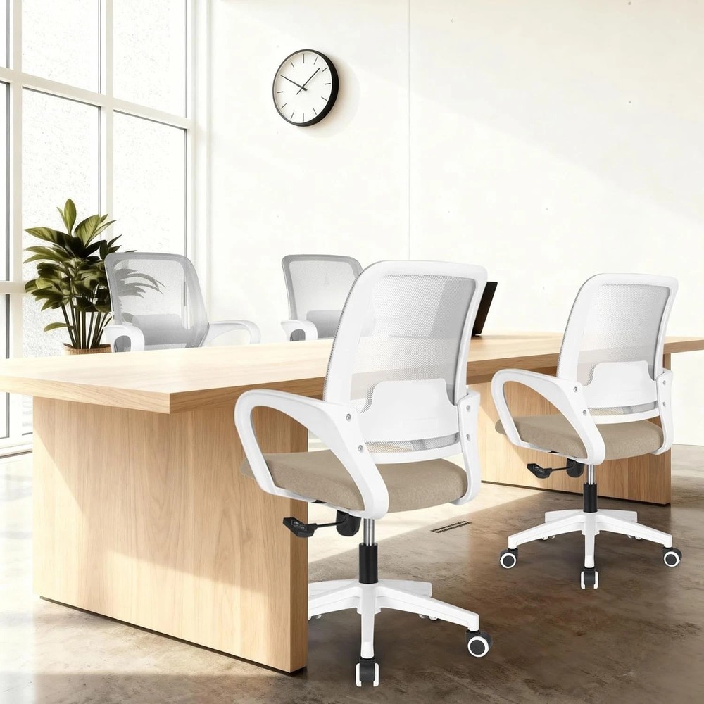 Adjustable Height Rolling Office Chair with Lumbar Support - Comfy Beige Design