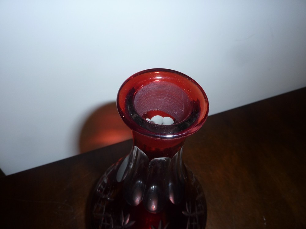 Gorgeous ruby red crystal cut to clear decanter - no stopper + 2 cordials