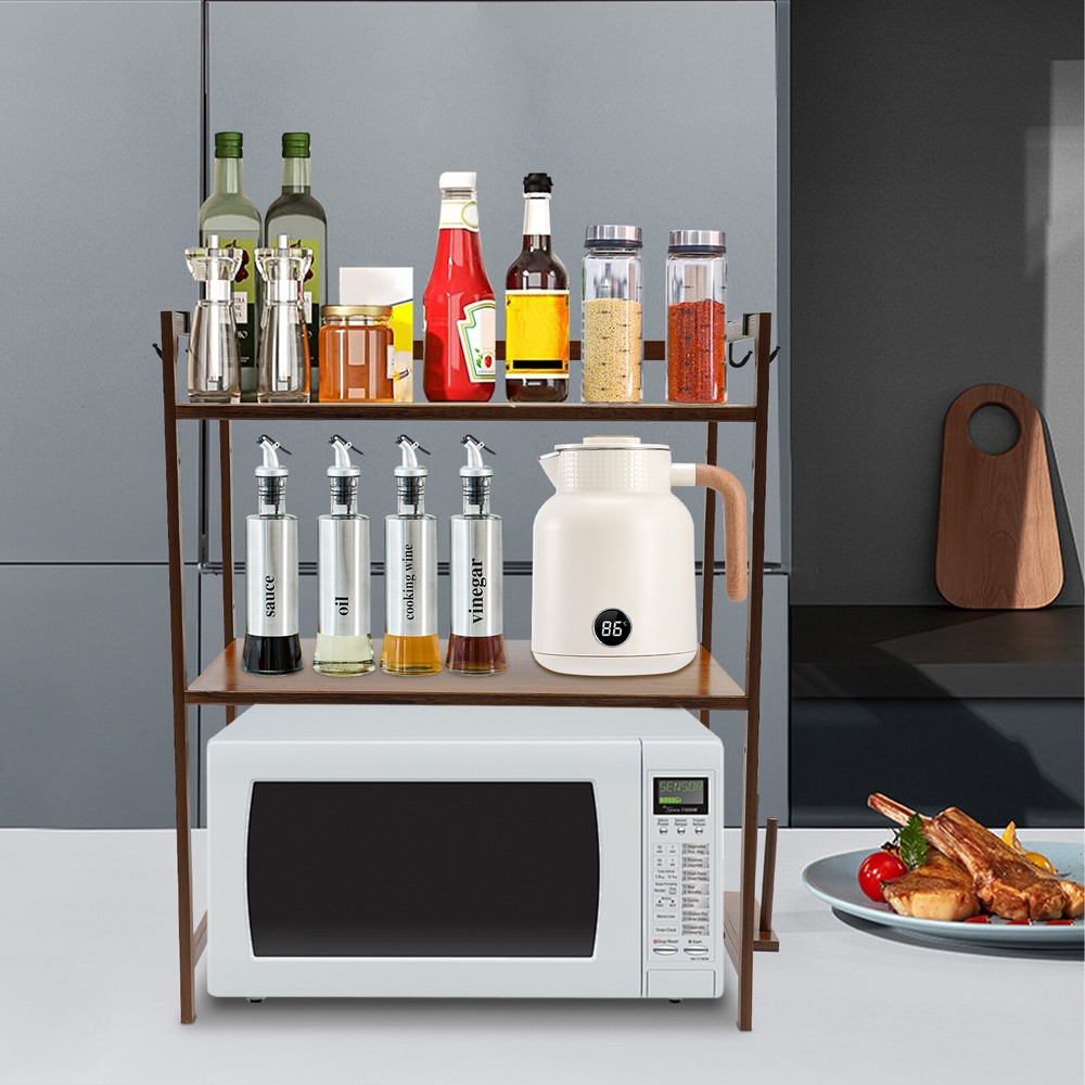 2 Tier 4 Hook Kitchen Storage Rack for Microwave Oven Stand Shelf Organizer