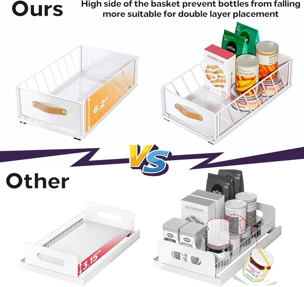 NEW 2 Pack Pull Out Cabinet Organizer Heavy Duty Sliding Mesh Basket White