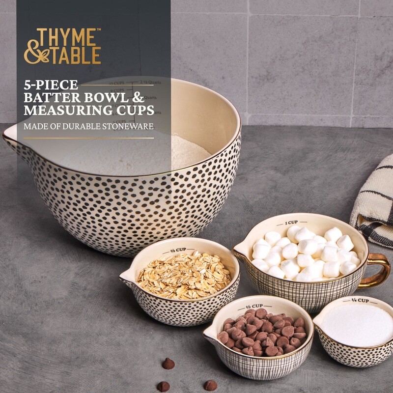 5 Piece Ceramic Mixing Bowl Set Measuring Cups Dot Pattern Kitchen Tools New
