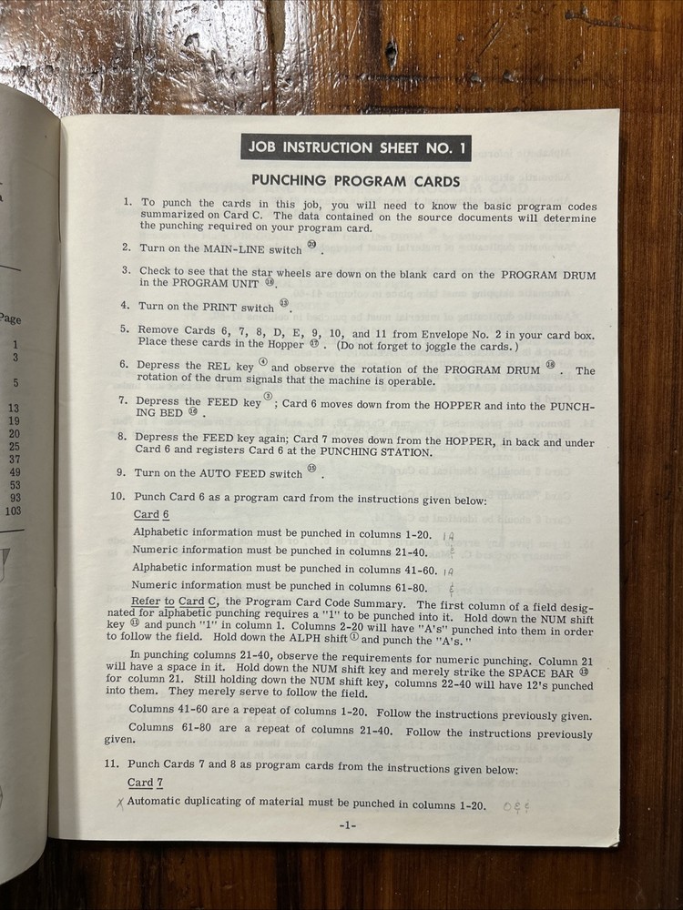 1969 Job Instructions For Key-Punch Training Course
