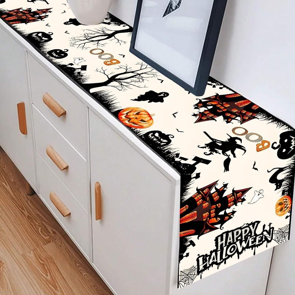 Halloween Haunted House Table Runner 13x72" Burlap Dining Table Décor with Ghost