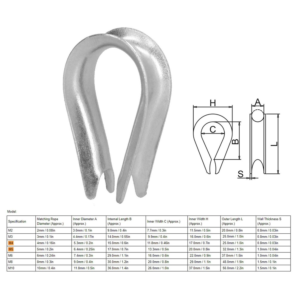 (M2 2mm)50Pcs Wire Rope Thimble Stainless Steel Cable Rigging Tools For Ship