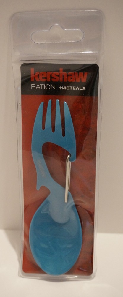 Kershaw Ration Fork / Spoon Combo, Bottle Opener, Carabiner, Teal Blue, Compact