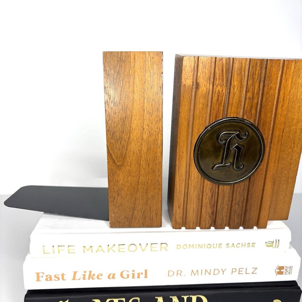 Bookends Solid Walnut Wood Personalized Initial Letter H Mid-Century Modern Book