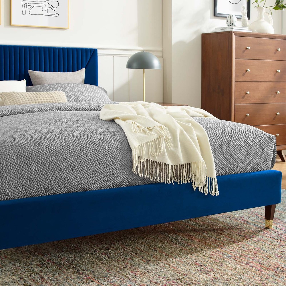 Modway Yasmine Channel Tufted Performance Velvet Full Platform Bed in Navy
