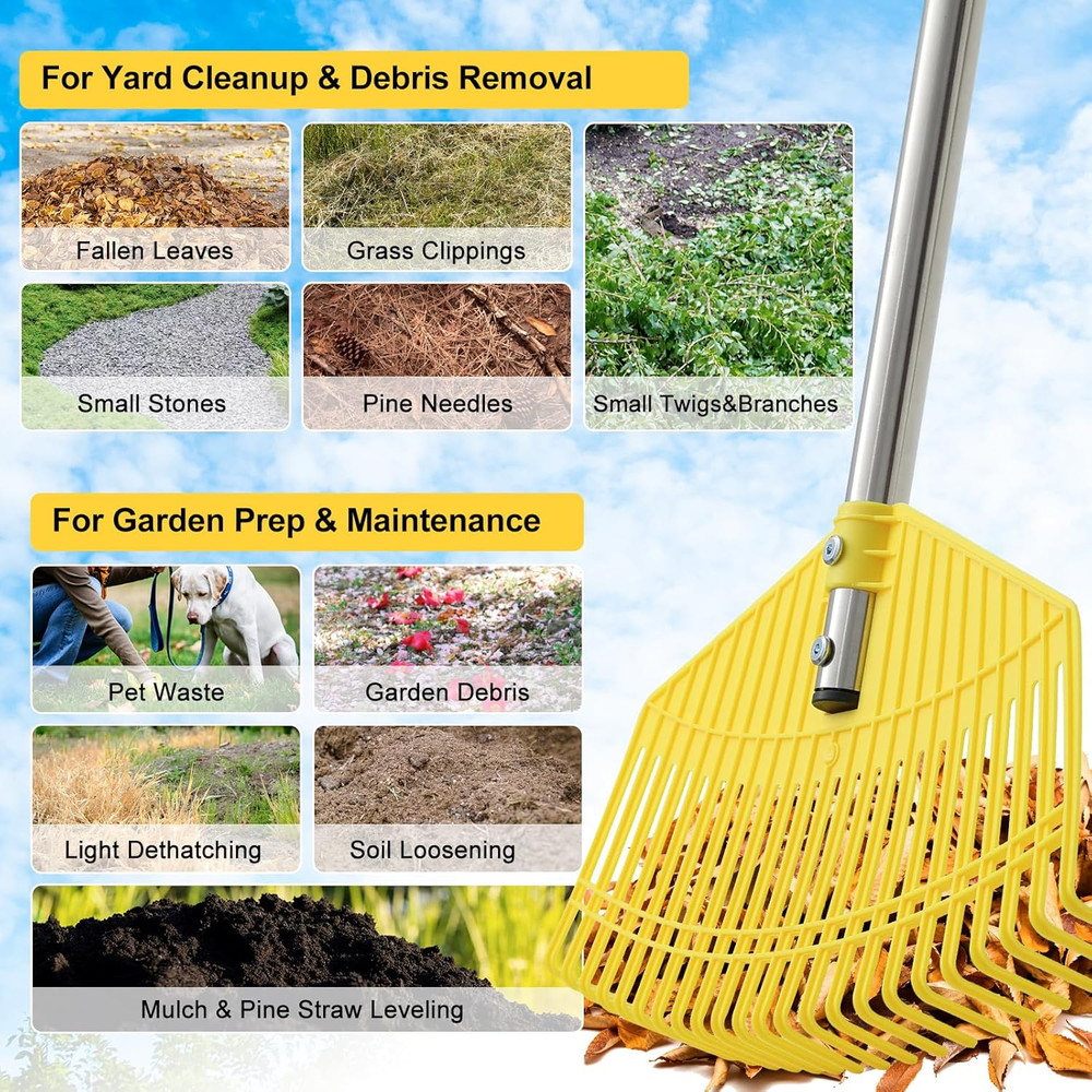 Lightweight Leaf Rake for Lawns - Anti-Break Nylon Plastic Head,Easy Yard & Gard