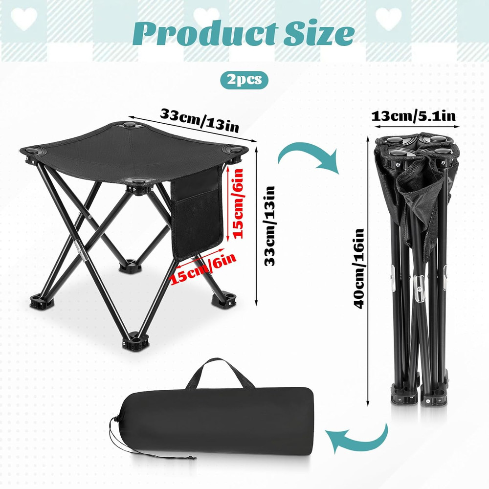 2 Pack Camping Stool 13 Inch Portable Folding Camp Stool with Side Pocket for Ca