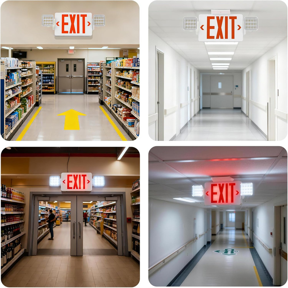 Exit Signs with Emergency Lights, Adjustable Double Head - Hardwired with Batter