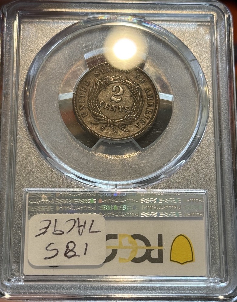 1865 AU55 PCGS Two Cent Piece Brown Trueview PQ Nice Type Coin Gold Shield