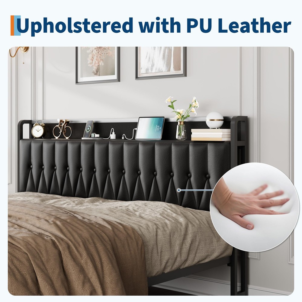 Platform Bed Frame King Upholstered with 12" Underbed Storage Charging Station