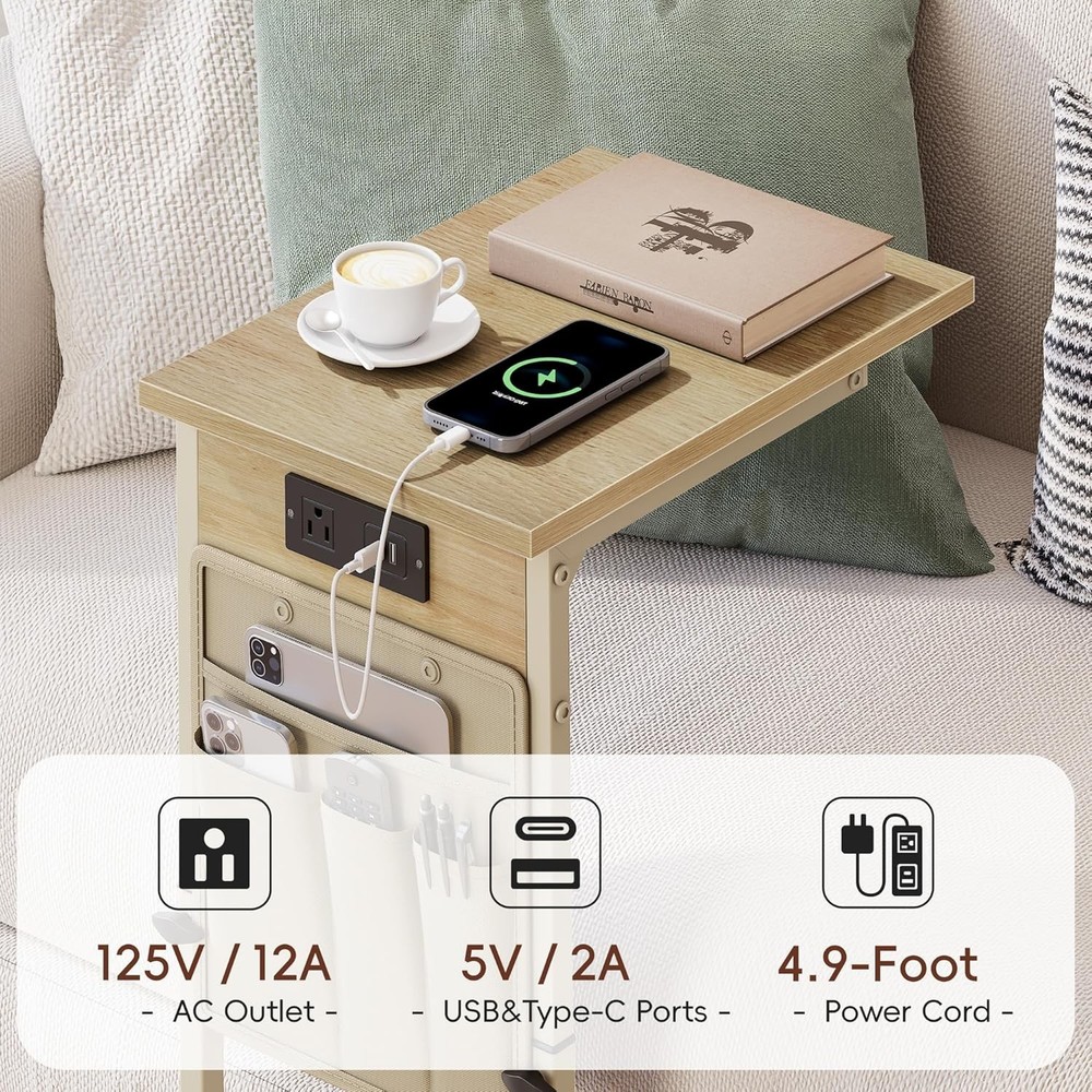 C Shaped End Table W/ Charging Station Adjustable Height C Table End Table Small