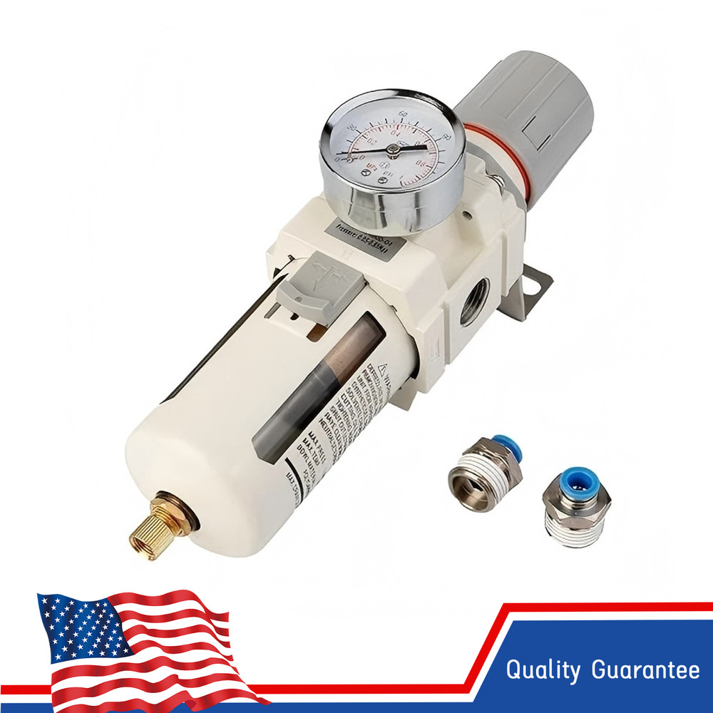 1/2" NPT Compressed Air Filter Regulator Combo, 5 Micron Brass Filter