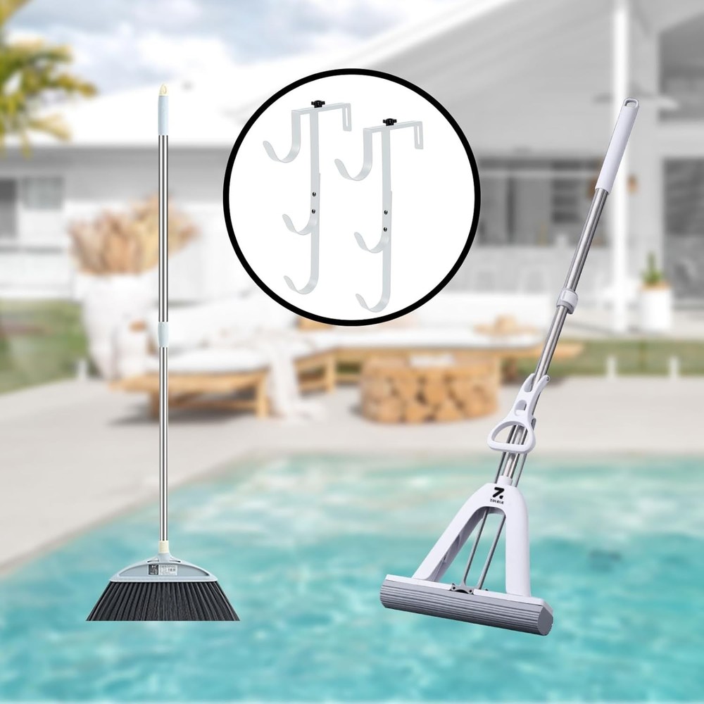 White Pool Pole Hangers 2-Pack - Heavy Duty Adjustable Fence Hooks for Pool E...