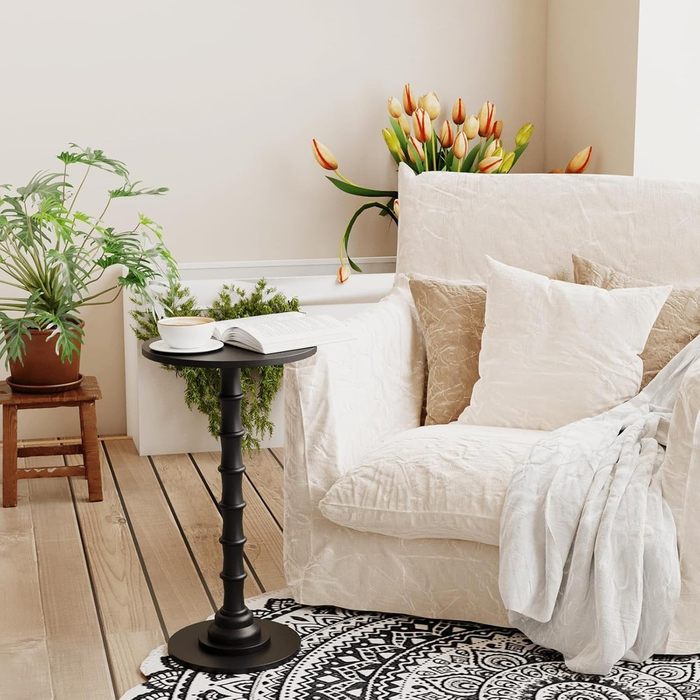 Round Side Table Modern Drink Table Small Spaces Small End Table W/ Solid Wood