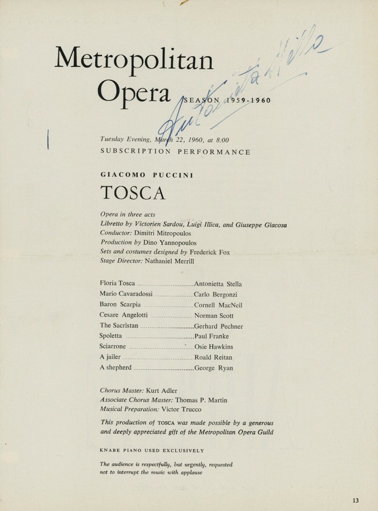 Vintage TOSCA Program Page Signed by ANTONIETTA STELLA
