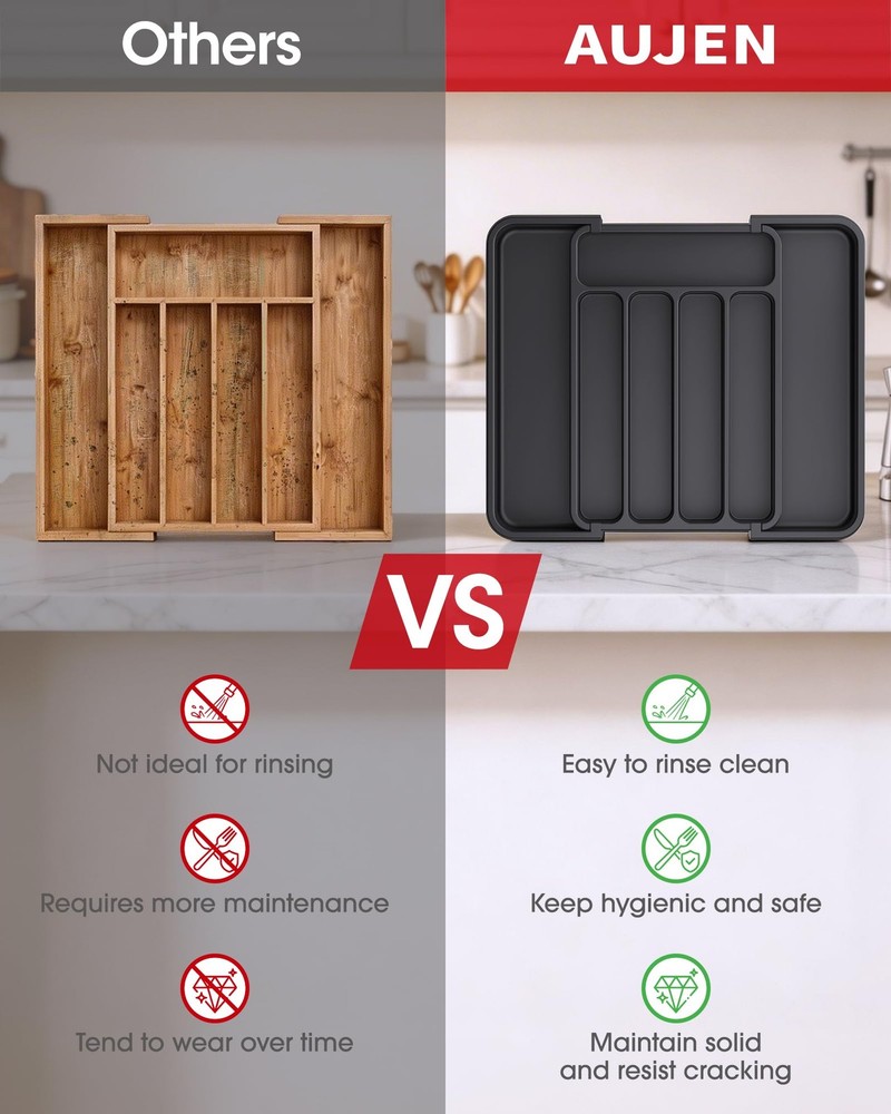 Aujen Silverware Organizer - Expandable Kitchen Drawer Medium, Black