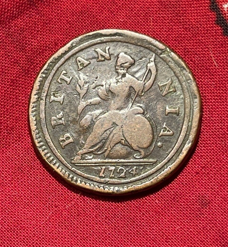 **Authentic 1724 George I, Large Pre-Revolutionary War Halfpenny Nice Example