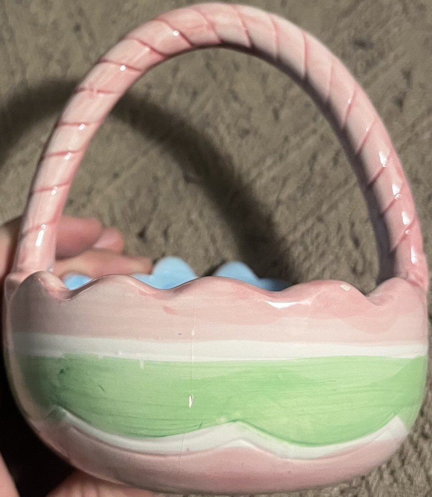4.5” Hand Painted Pastel Ceramic Easter Basket Candy Dish Rabbit Egg Decoration
