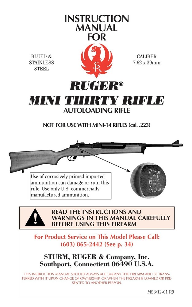 Ruger Mini Thirty Auto Loading Rifle Owners Manual