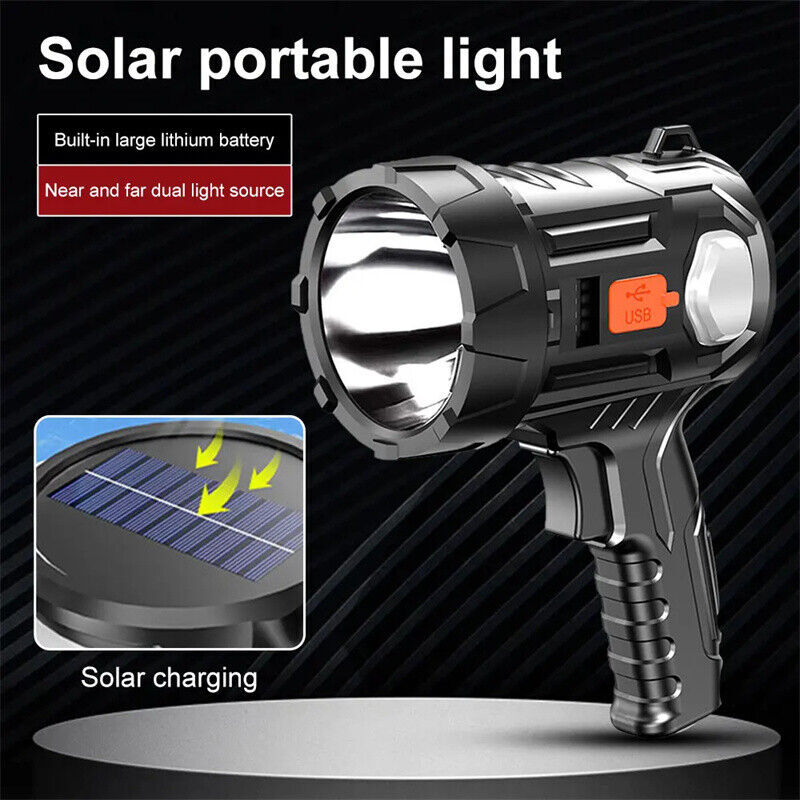 2PCS Solar/USB Super Bright Rechargeable LED Spotlight Flashlight Searchlight