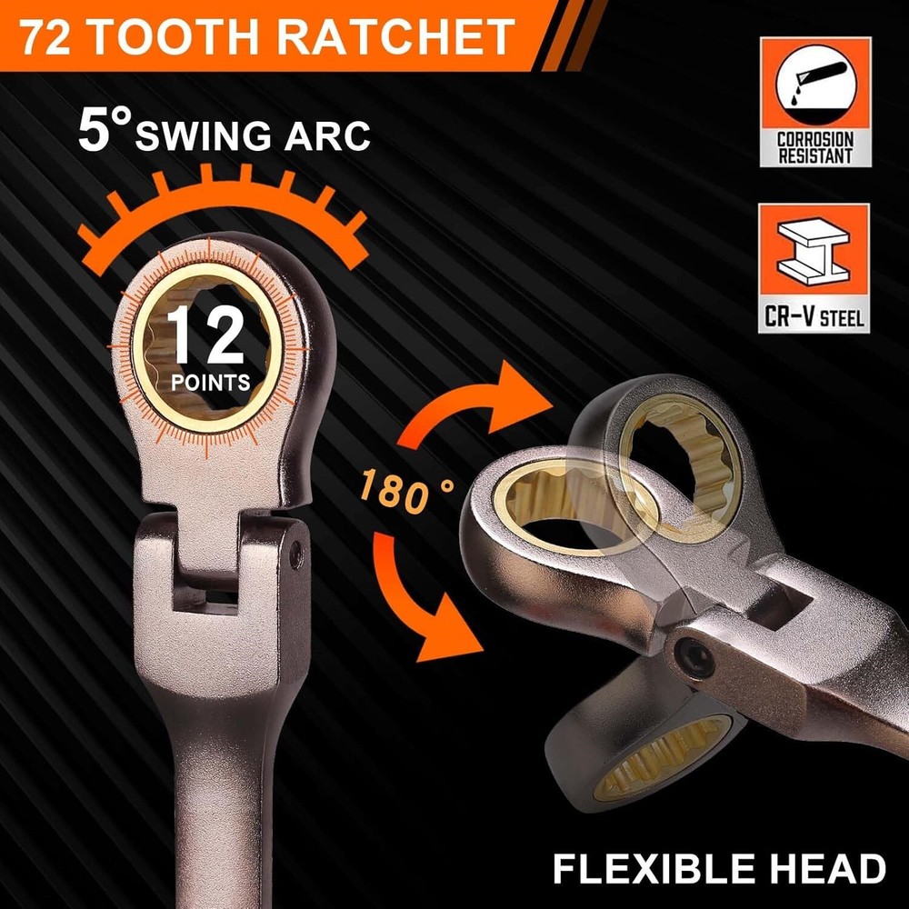 12pcs SAE Ratcheting Combination Wrench Set Flex Head & Fixed Head Spanners Kit