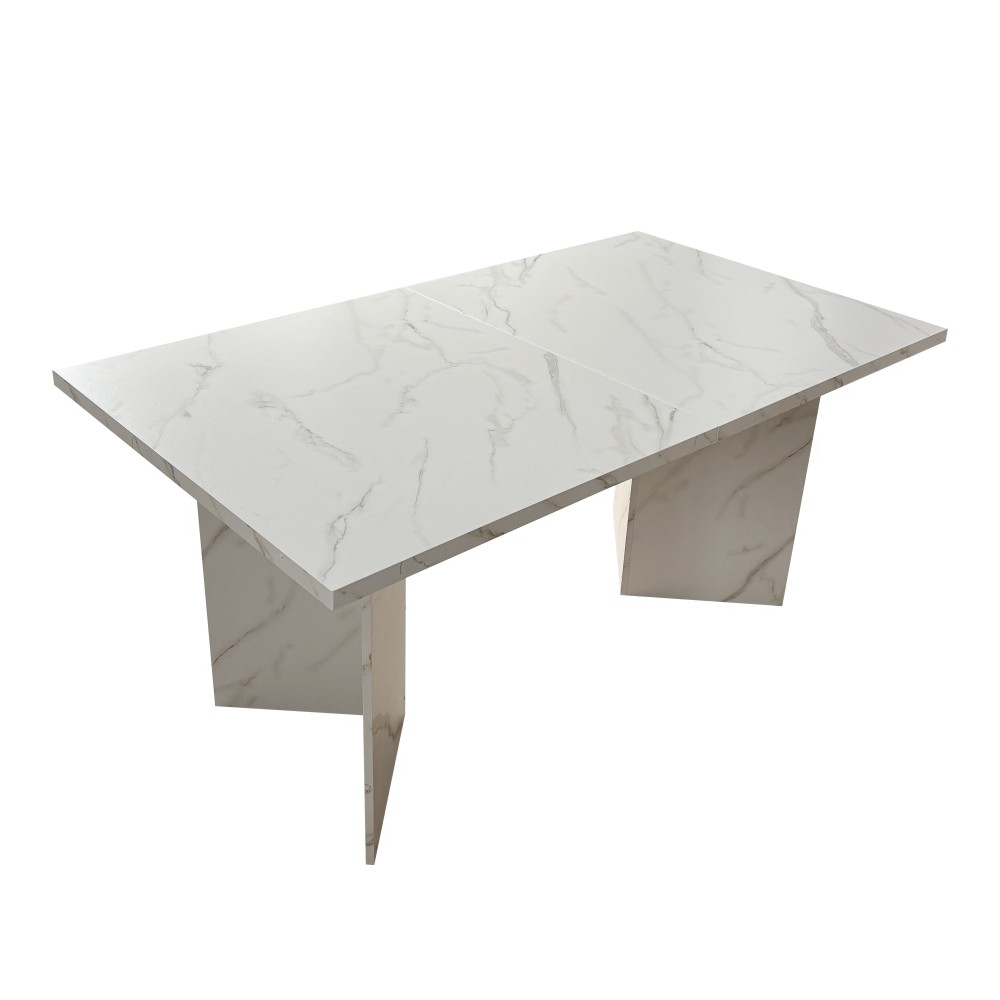 Extendable White Dining Table for 10 People Modern Faux Marble Rectangular Table