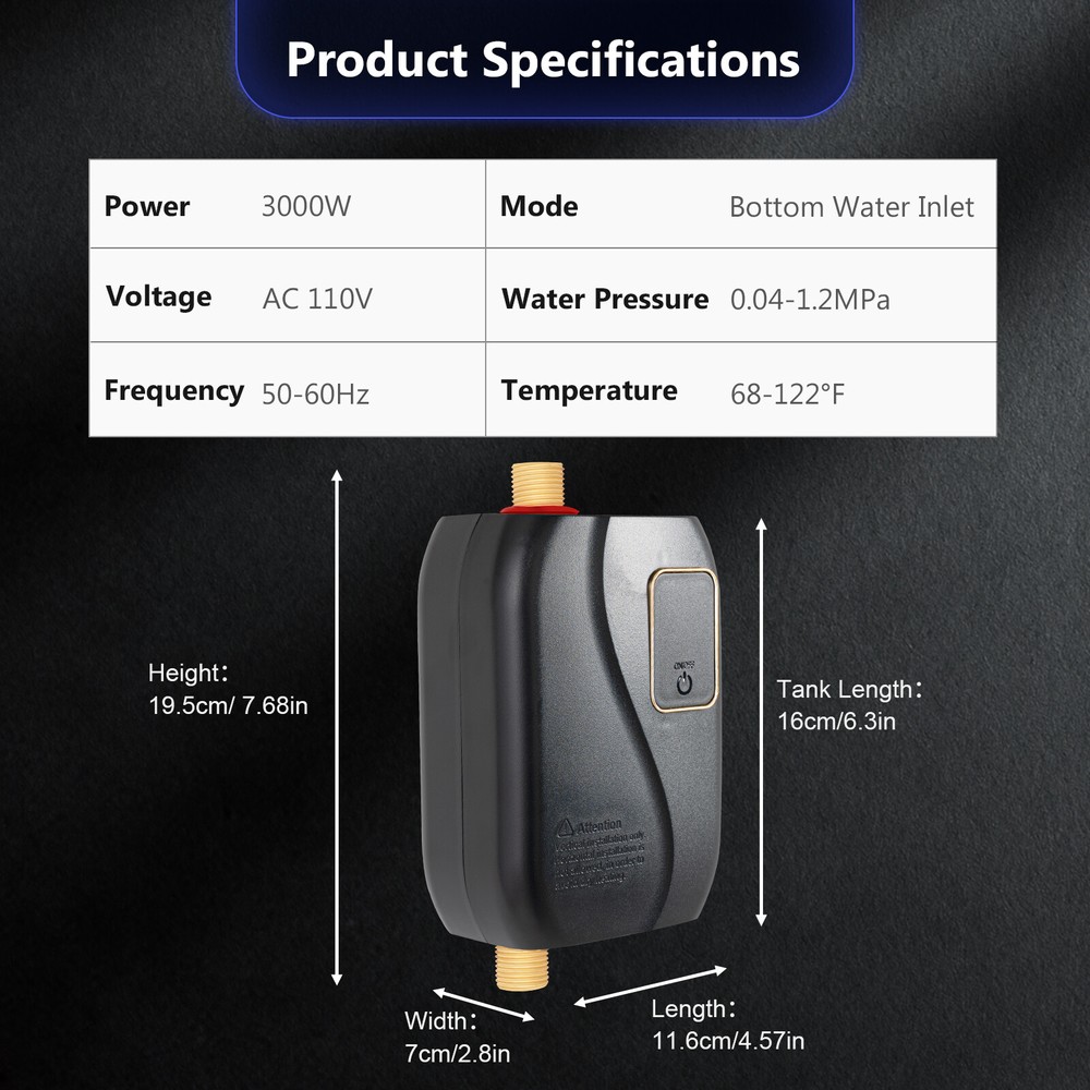 Electric Tankless Water Heater Instant Hot Shower Kitchen Heater 110V 3000W