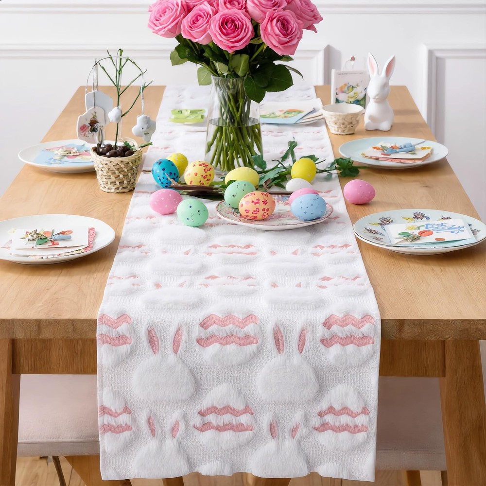 Easter Bunny Egg Table Runner - 13x72 Inch Spring 3D Rabbit Egg Jacquard Tabl...