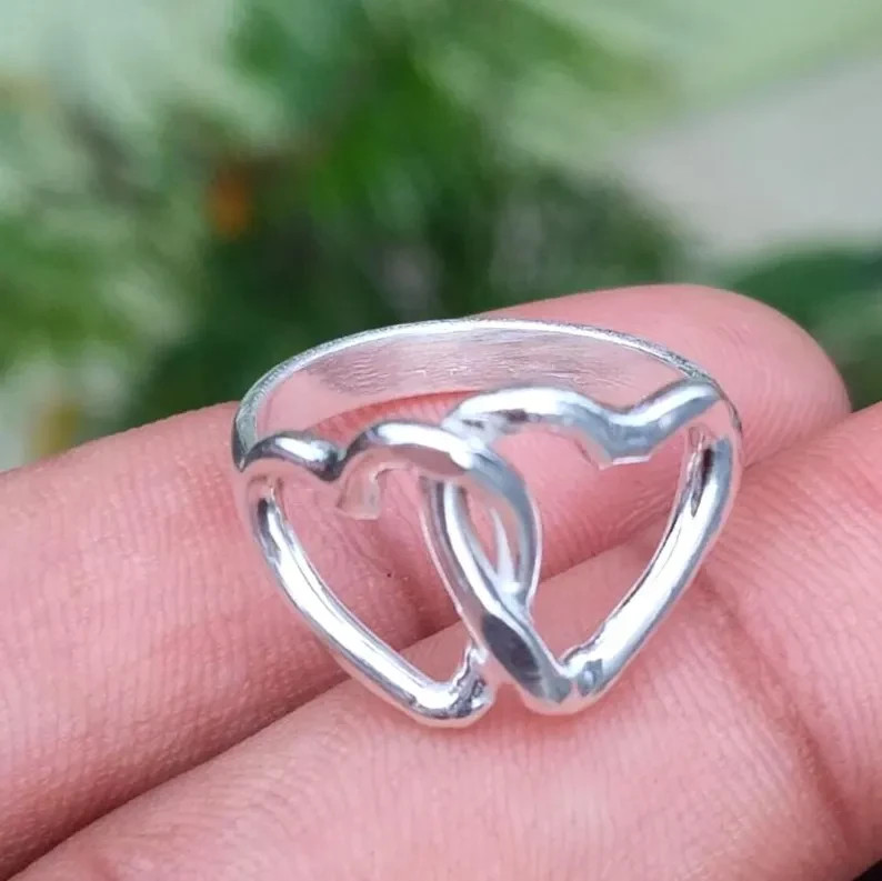 Solid 925 Sterling Silver Double Heart Ring Handmade Statement All Size Ring R43