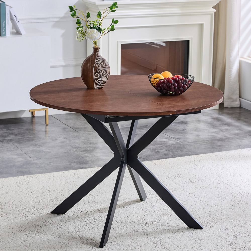 Extendable Round Dining Table - Space-Saving Dining Table with Sturdy Metal L