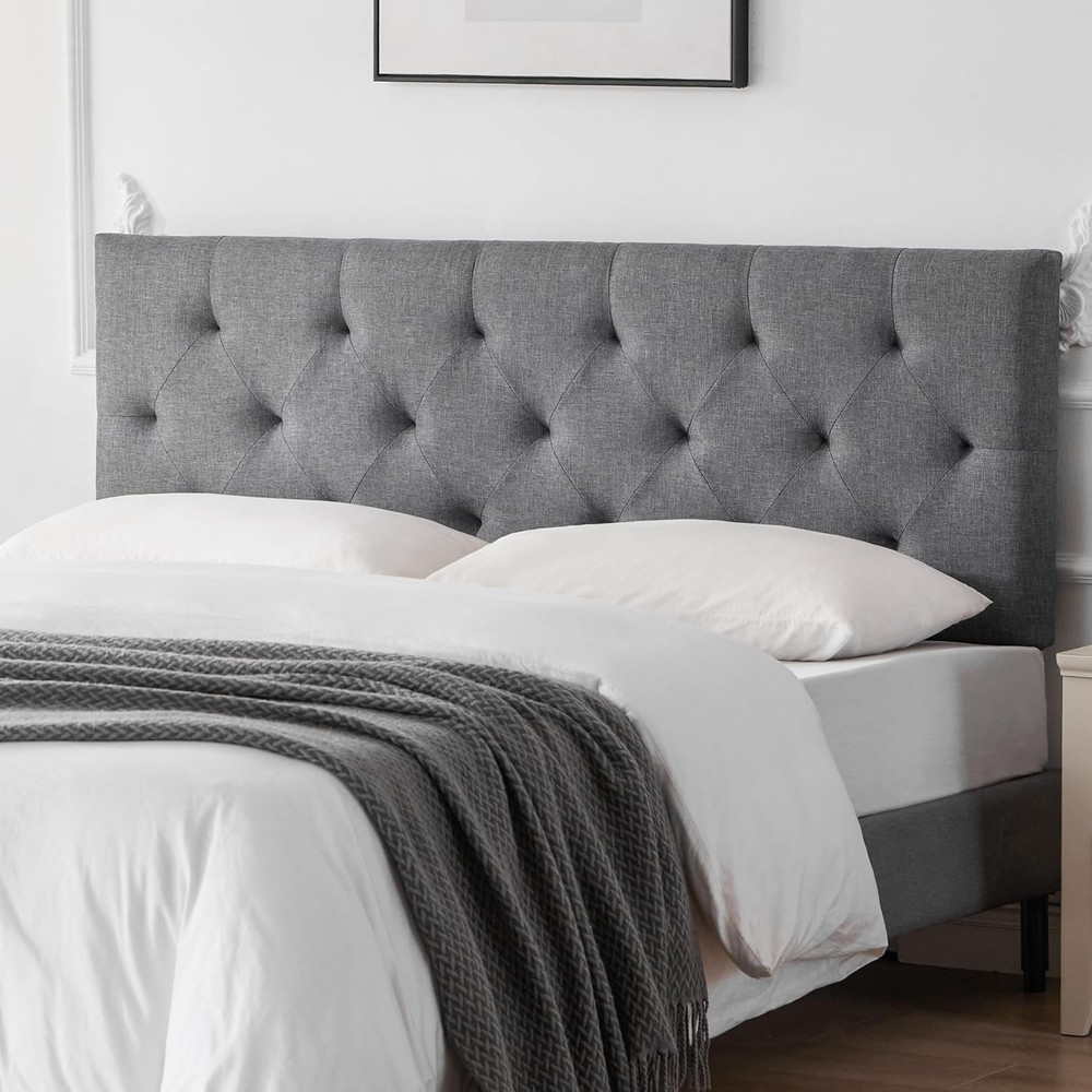 Linen Upholstered Headboard Queen Size, Modern Diamond Tufting Solid Wood Queen
