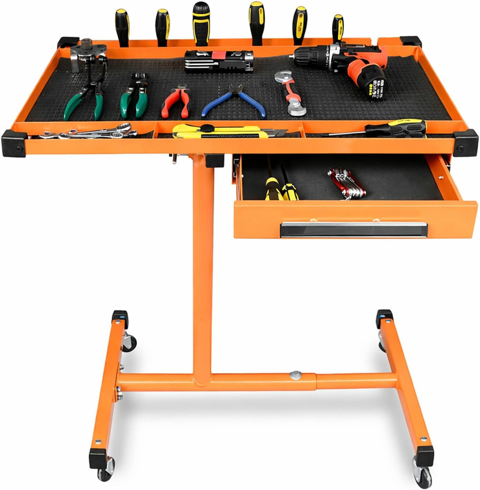 Heavy Duty Adjustable Work Table with Drawer & Wheels, 220Lbs Capacity, Orange