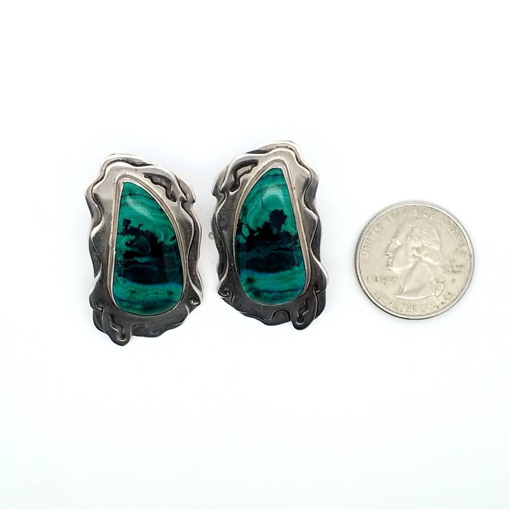 Native American Malachite Sterling Silver Drop Stud Earrings 20.5 Grams