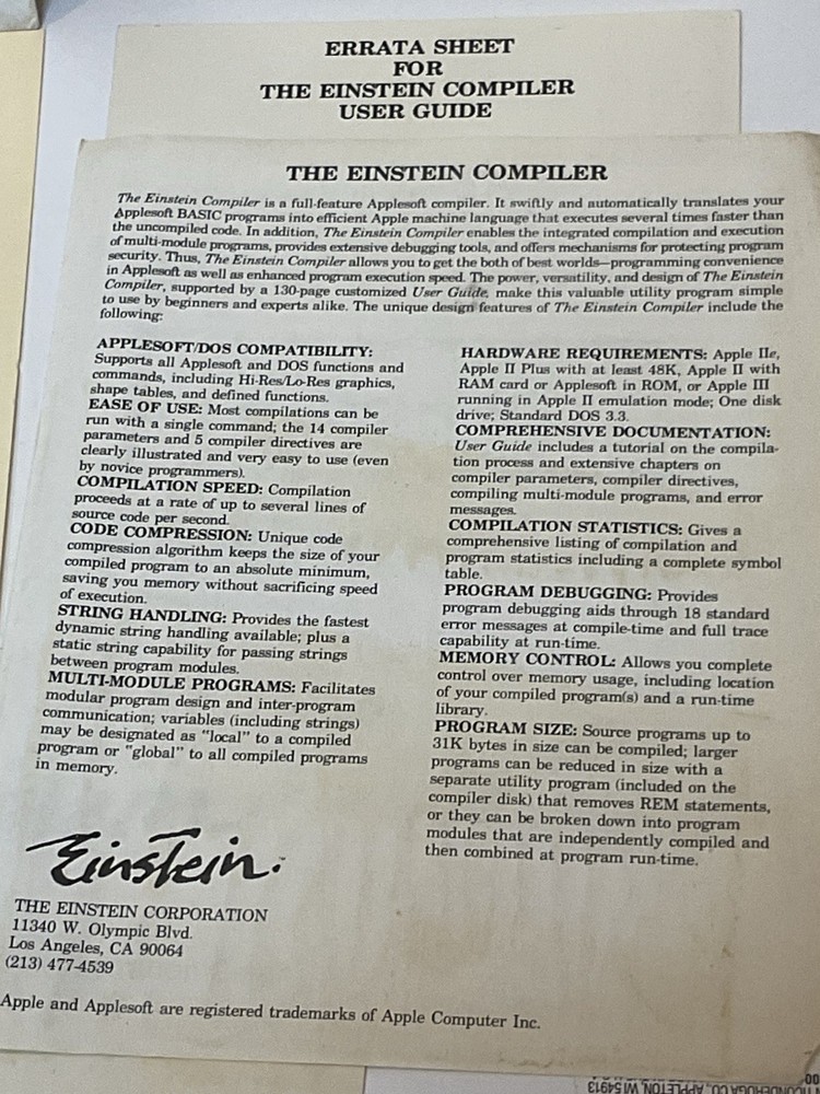 Vintage Apple II IIe IIc Software Einstein The Compiler