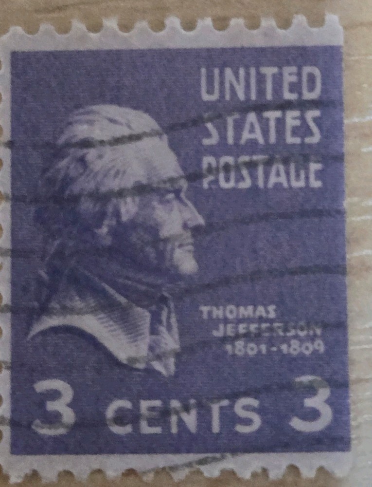 Vintage Violet Thomas Jefferson 3 Cent US Postage Stamp