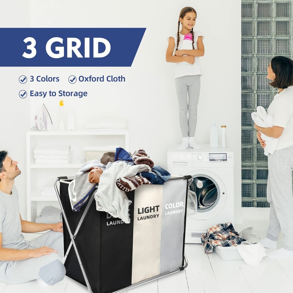 Laundry Cloth Hamper Sorter Basket Bin Foldable 3 Sections with stainless ste...