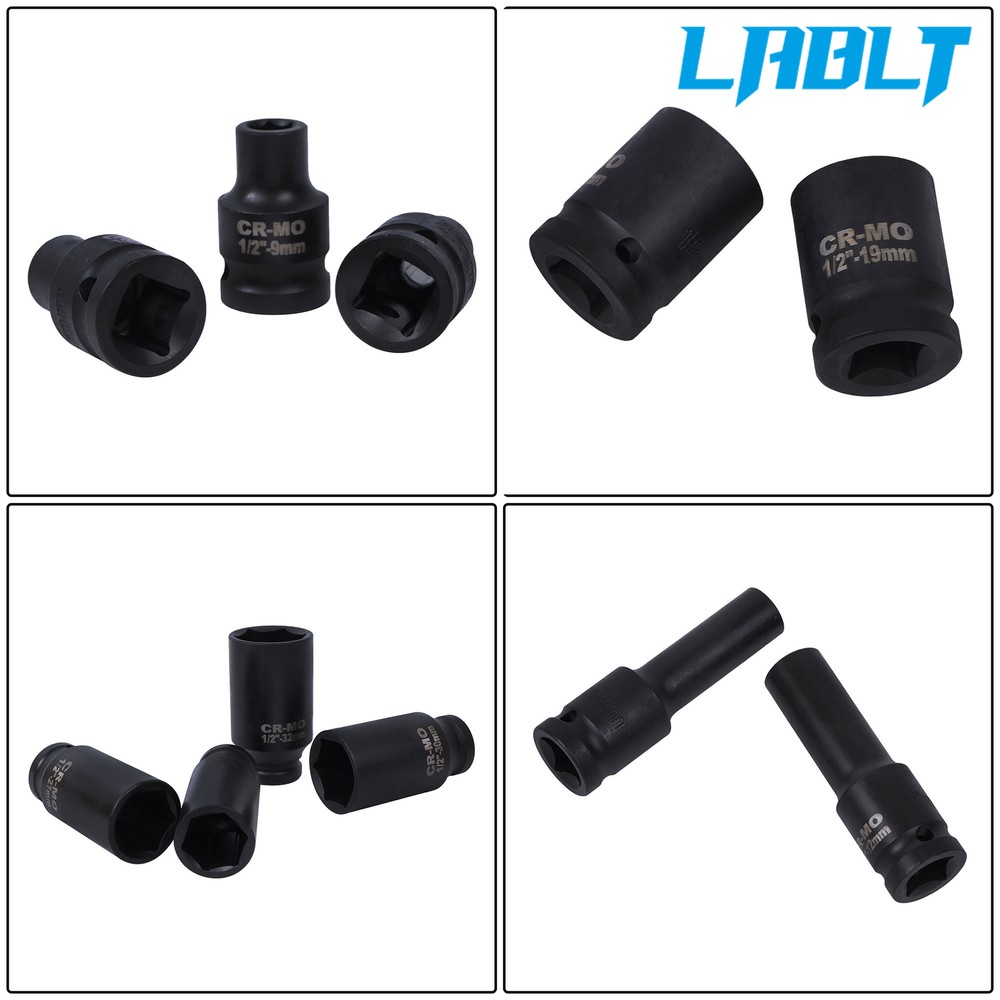 LABLT 1/2 Inch Drive Deep Impact Socket Tool Set Metric Garage Workshop Tools
