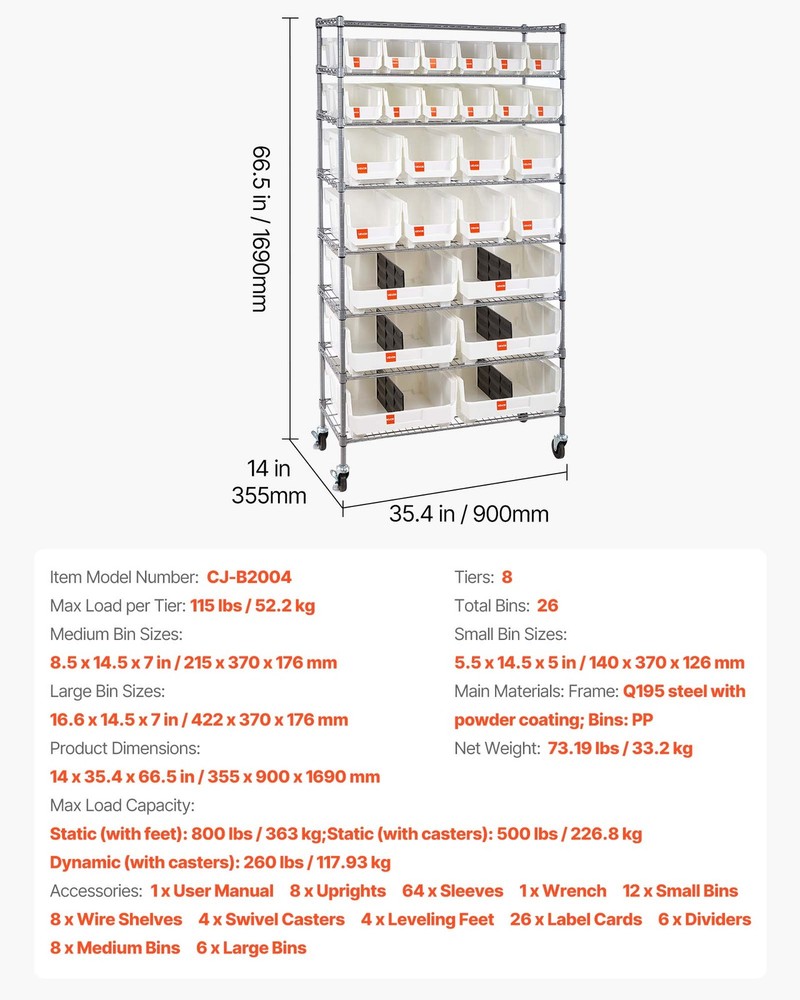 VEVOR Rolling Bin Storage Rack 8-Tier Bin Rack Storage System with 26 Bins