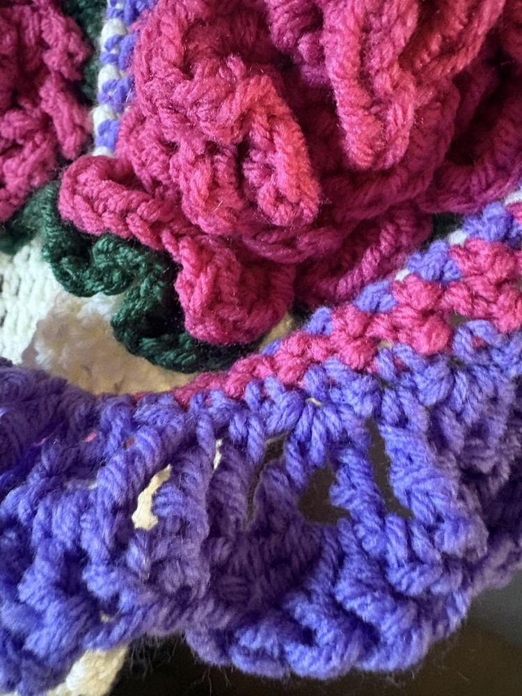 Granny Square Rose Pattern Pink Purple and White Afghan